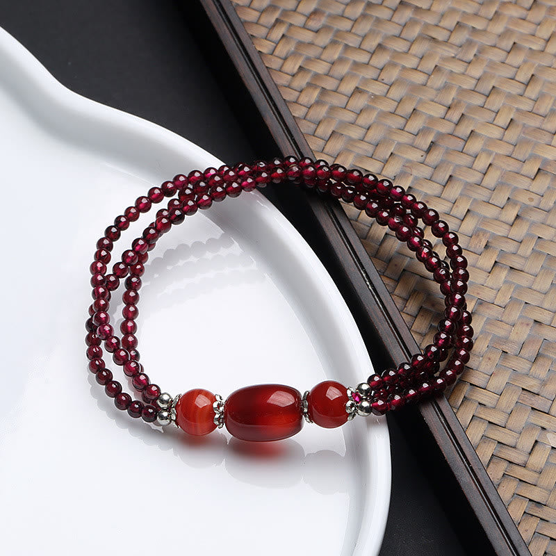 Bracelet triple couche de protection en agate rouge grenat