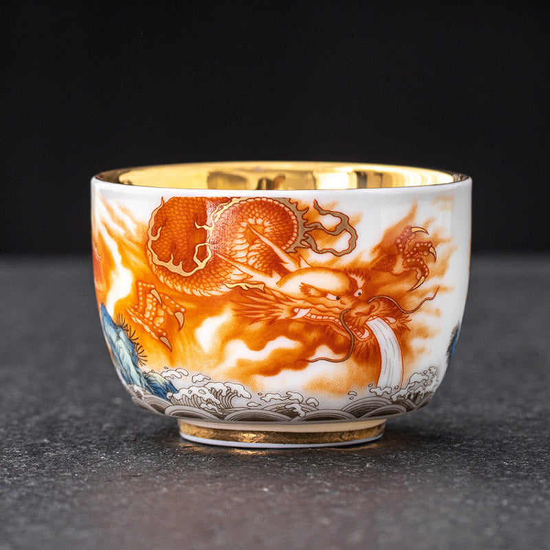 Tasse à thé en céramique dorée Dragon Phénix Grue 170 ml Spirituel