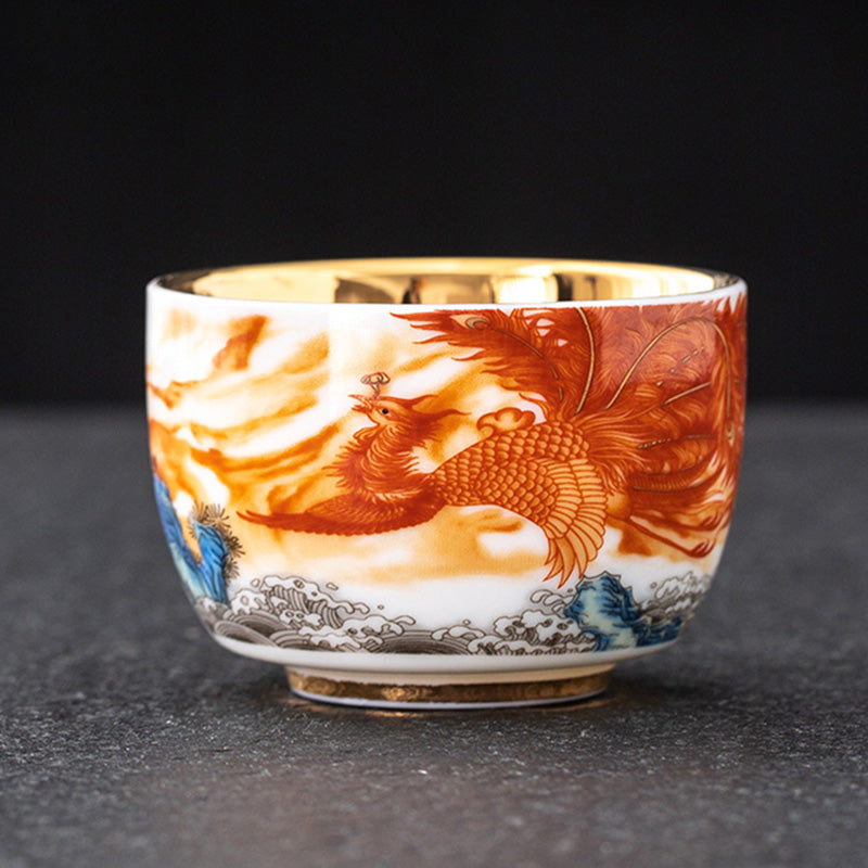 Tasse à thé en céramique dorée Dragon Phénix Grue 170 ml Spirituel