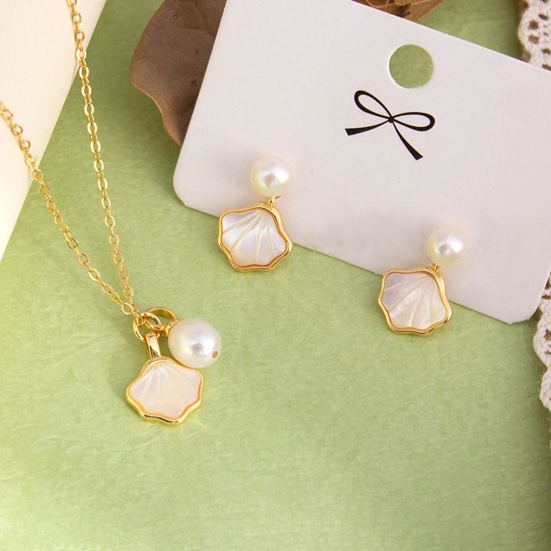 Parure de bijoux en perles de Ginkgo Tridacna avec bague en cuivre, boucles d'oreilles et collier