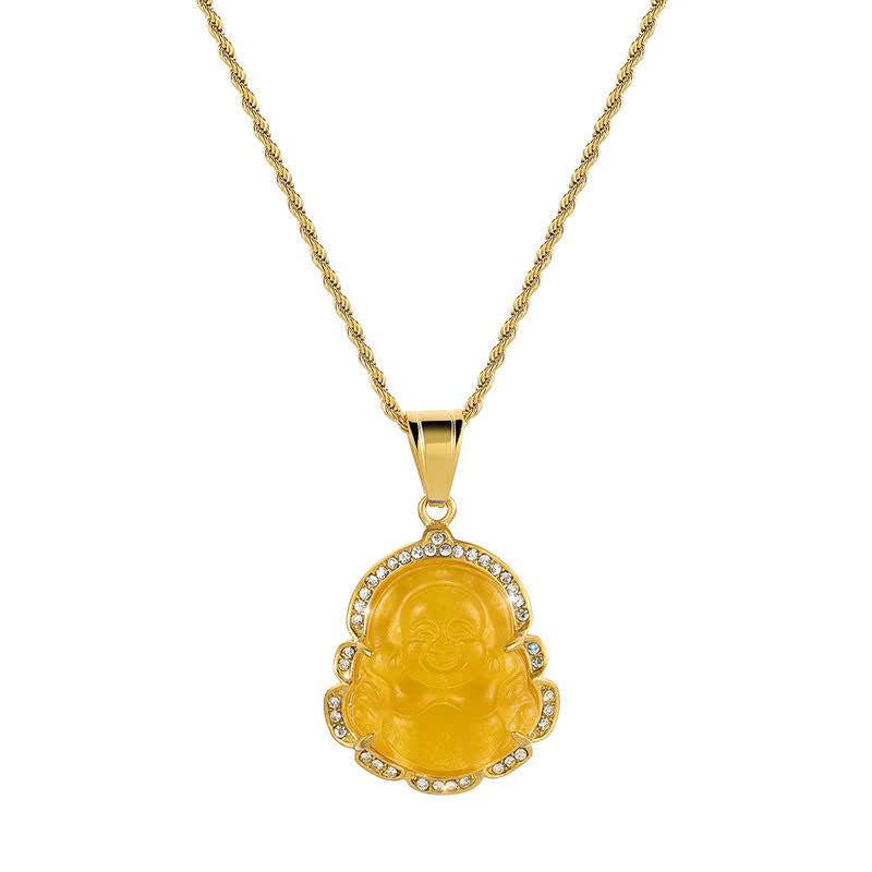Collier pendentif Bouddha rieur en jade rempli d'or pour la chance