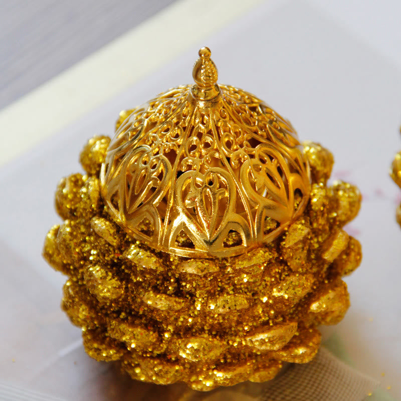 Mini-brûle-encens en forme de pomme de pin dorée | Décoration rituelle spirituelle
