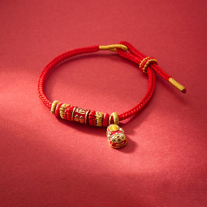 Bracelet Shi Lai Yun Zhuan en cuivre plaqué or et fil rouge 14-18 cm