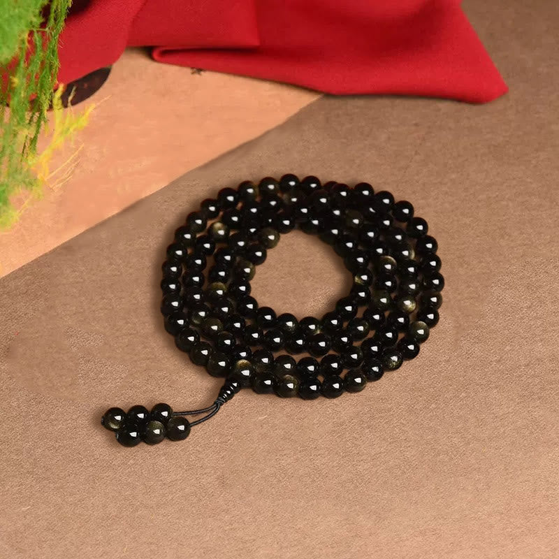 Bracelet Mala Richesse 108 Perles en Obsidienne Dorée