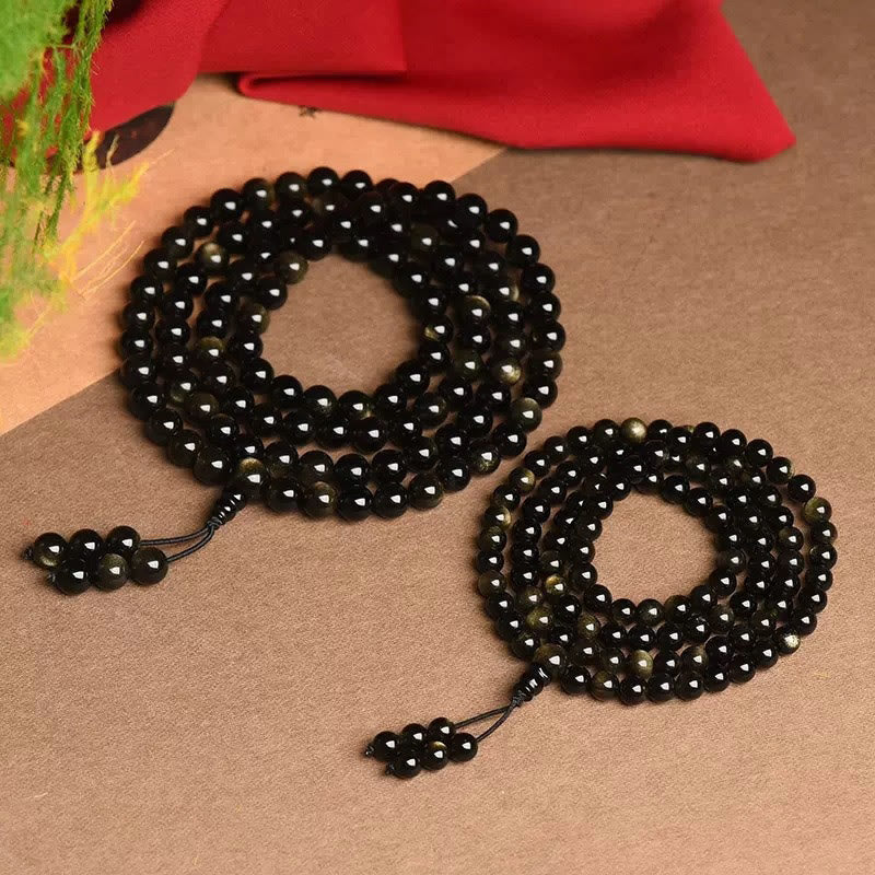 Bracelet Mala Richesse 108 Perles en Obsidienne Dorée