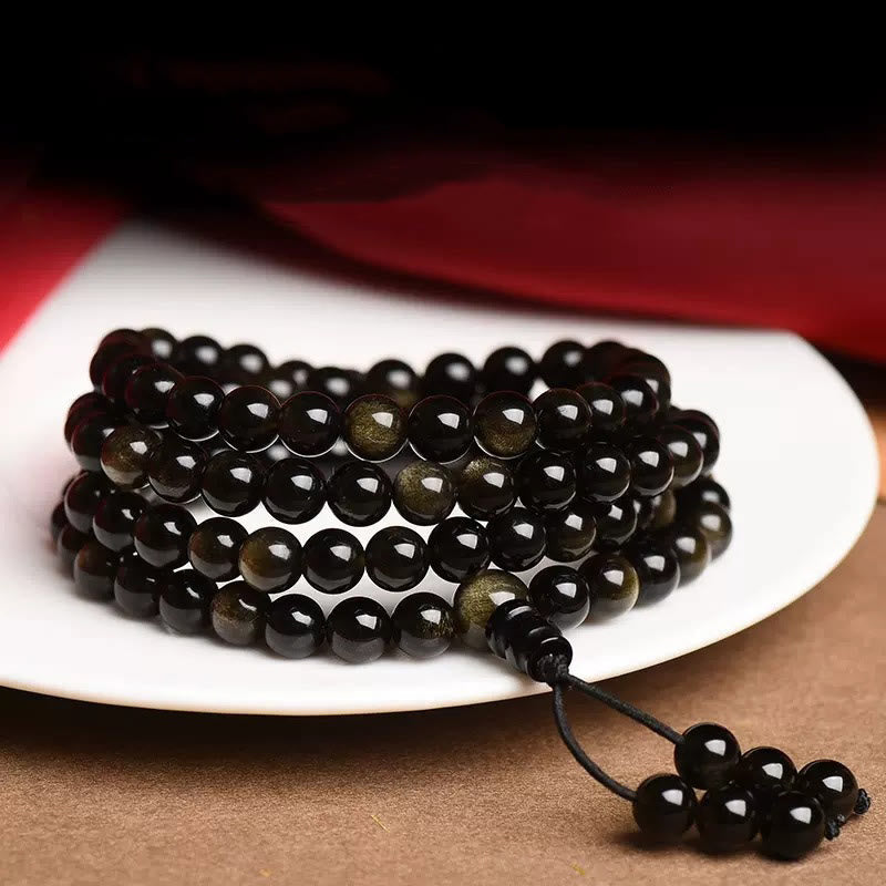 Bracelet Mala Richesse 108 Perles en Obsidienne Dorée
