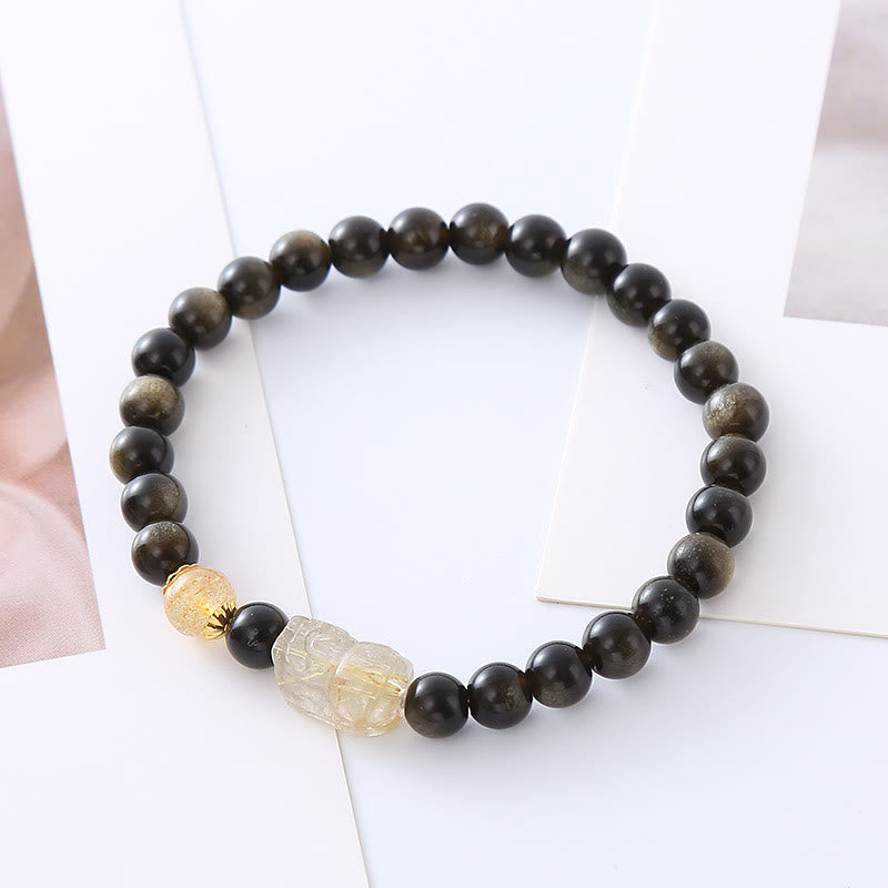 Bracelet de protection de richesse PiXiu Pixiu en obsidienne dorée