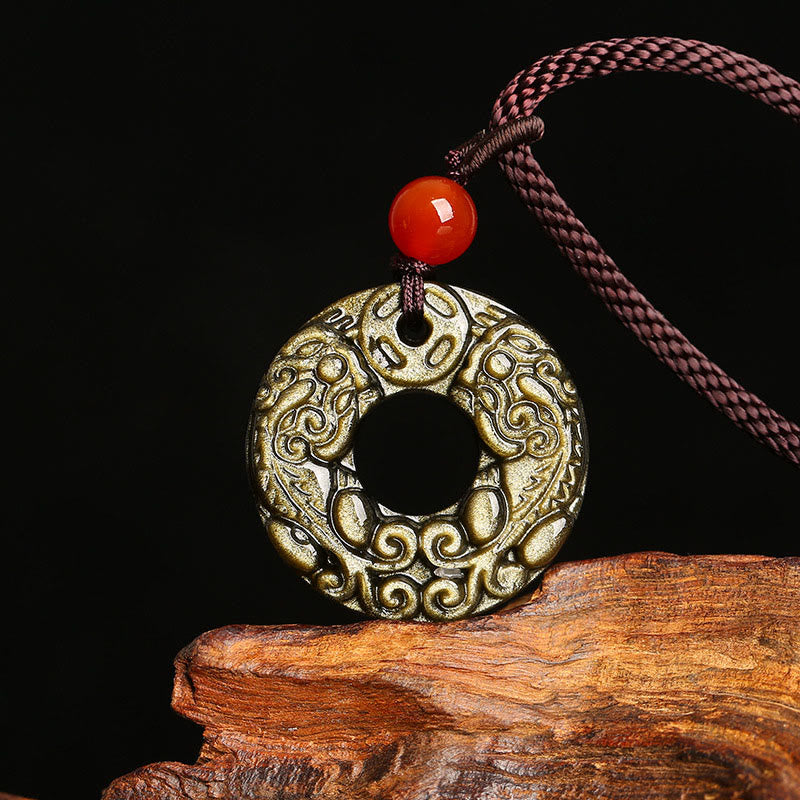 Collier de richesse en obsidienne dorée avec boucle Pixiu et Peace