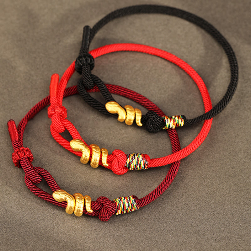 Bracelet de protection porte-bonheur en fil rouge serpent doré