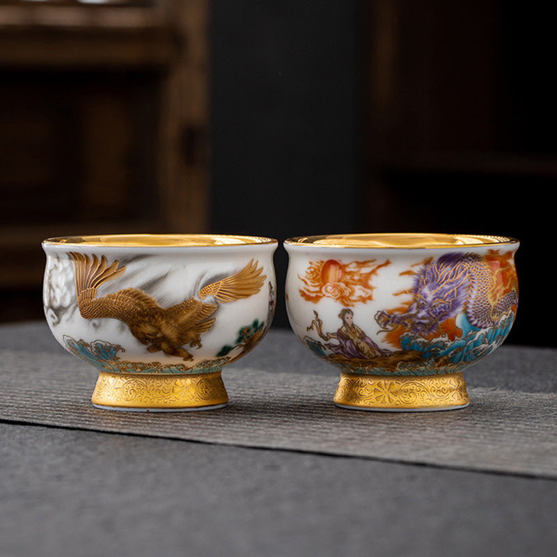 Service à thé en céramique dorée avec motif Aigle royal et Dragon de bon augure et coffret cadeau