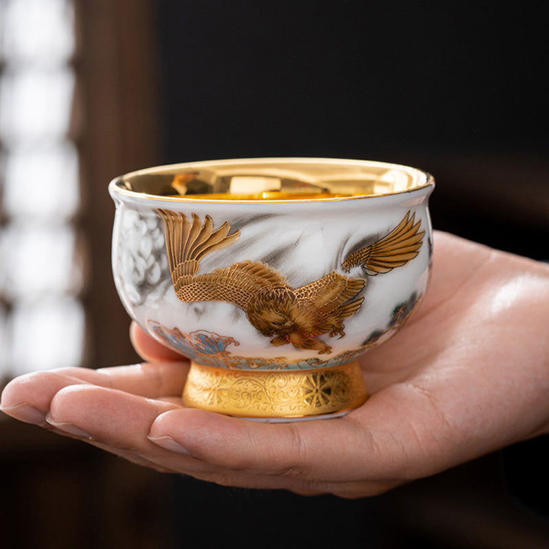 Service à thé en céramique dorée avec motif Aigle royal et Dragon de bon augure et coffret cadeau