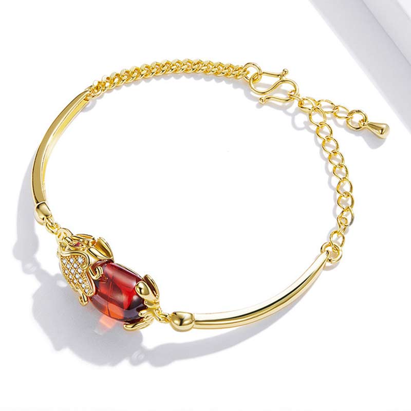 Bracelet Pixiu en agate rouge dorée 7,5 pouces Richesse et chance