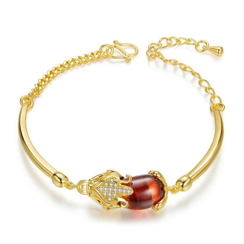 Bracelet Pixiu en agate rouge dorée 7,5 pouces Richesse et chance