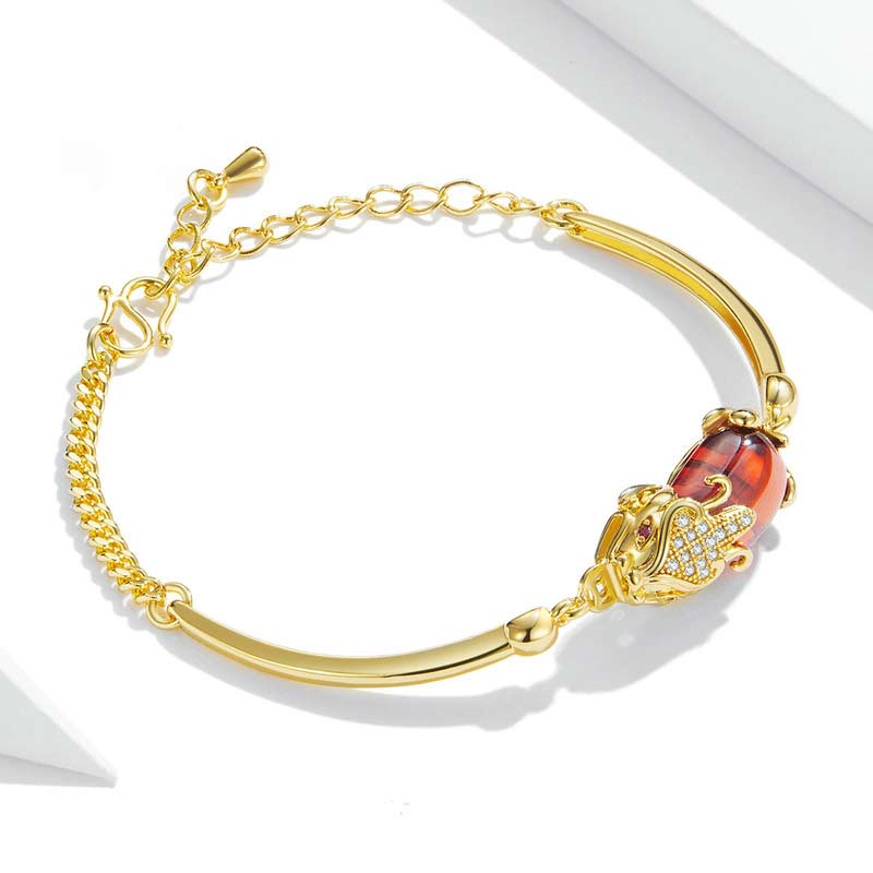 Bracelet Pixiu en agate rouge dorée 7,5 pouces Richesse et chance