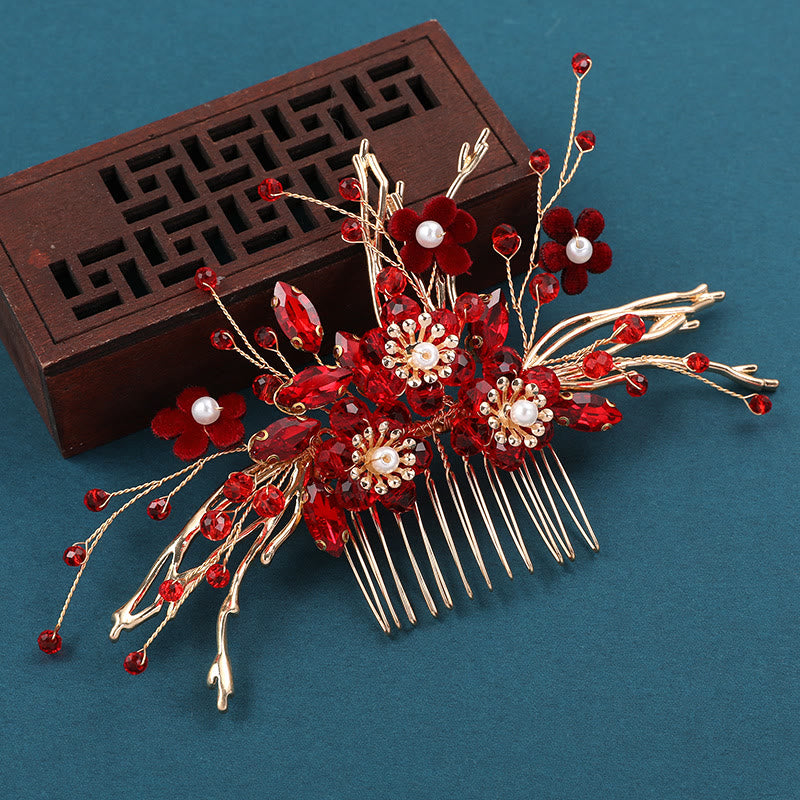 Peigne à cheveux en forme de branche de fleur rouge doré | Accessoire spirituel