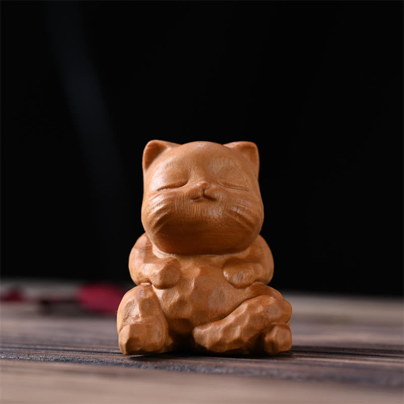 Mini Chat Assis en Bois de Santal Doré Décoration Zen 5,3 cm