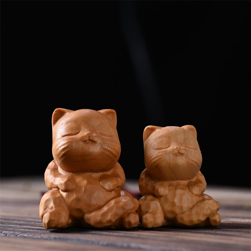 Mini Chat Assis en Bois de Santal Doré Décoration Zen 5,3 cm