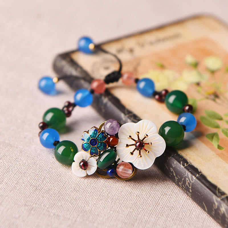 Bracelet fleur en agate verte et agate bleue