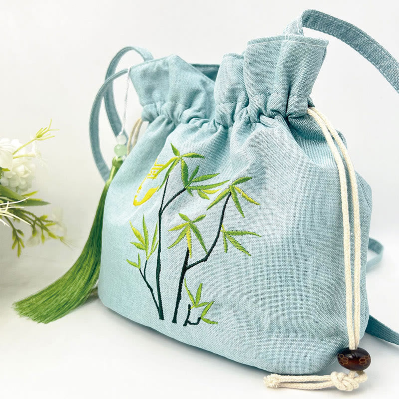 Sac bandoulière en bambou vert, coton et lin avec broderie