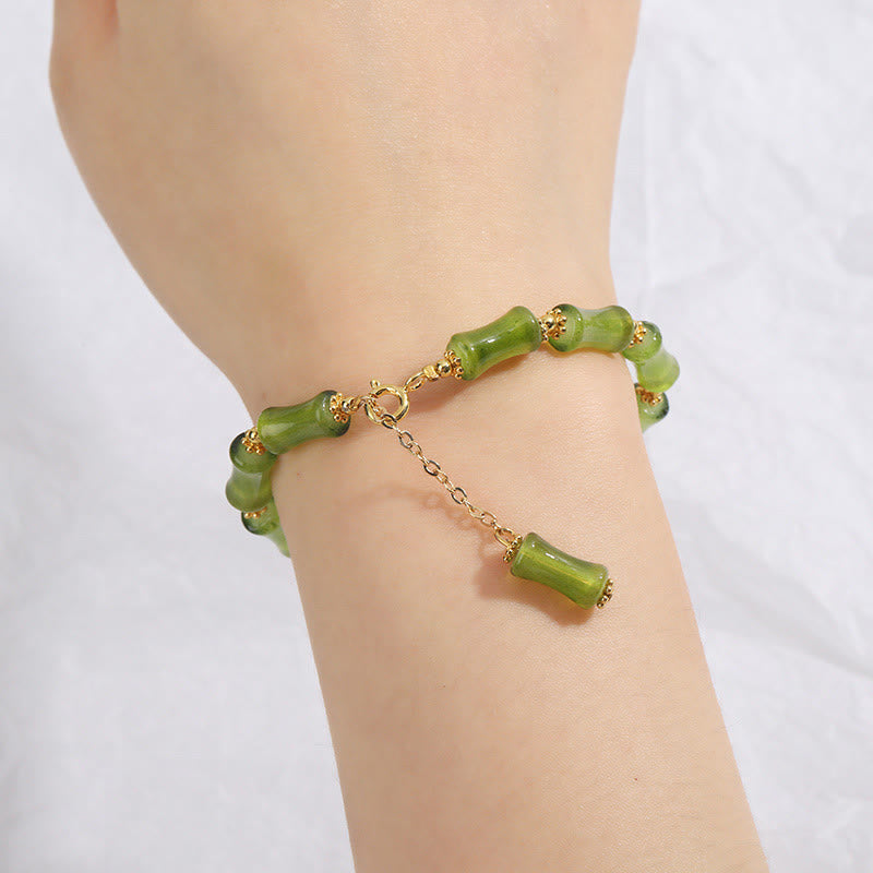 Bracelet spirituel en bambou vert Liuli et cristal d'agate mousse pour la richesse