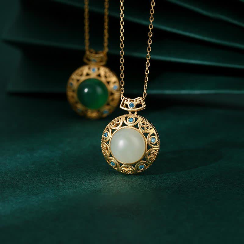 Collier de force en calcédoine verte et jade blanc Hetian