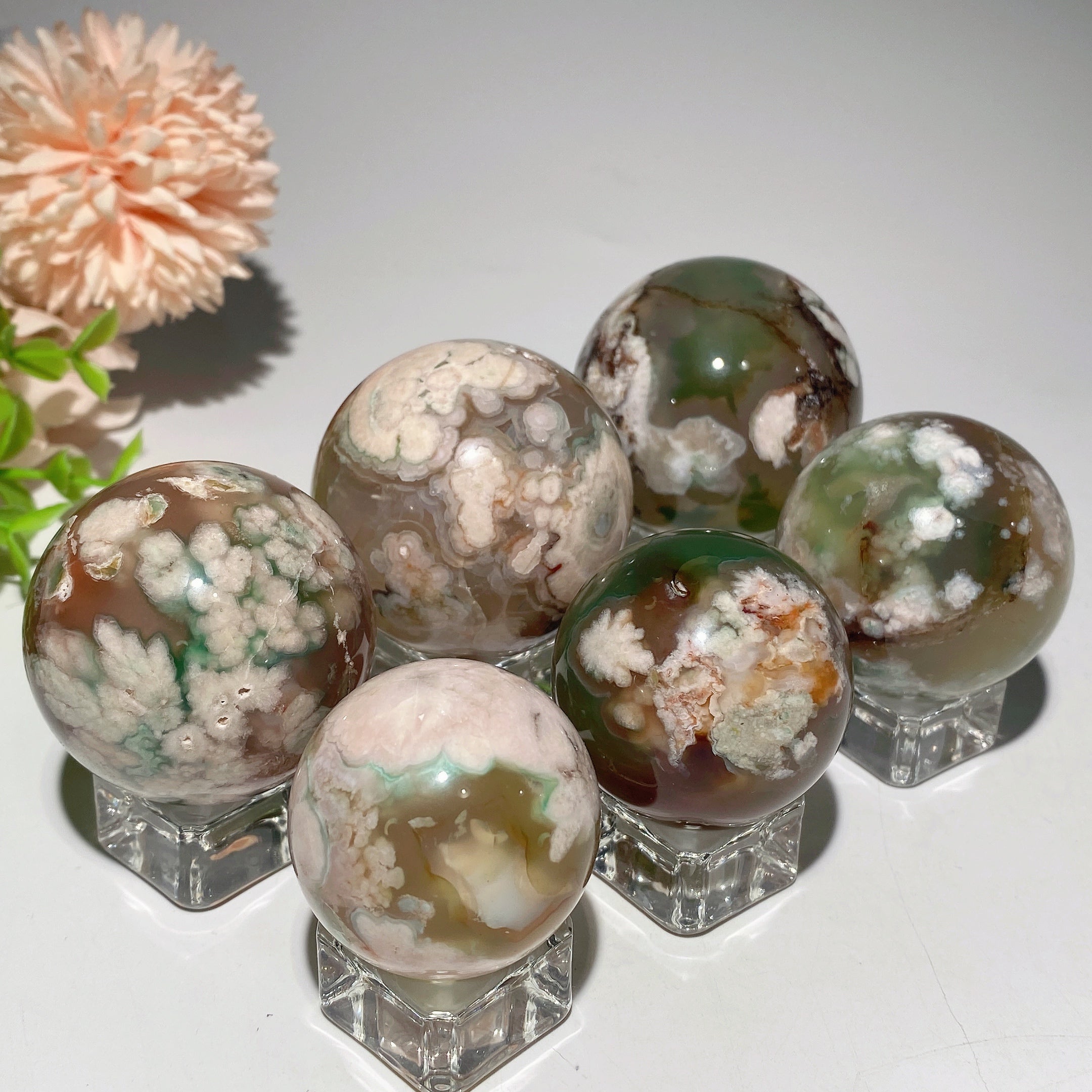 Green Flower Agate Crystal Sphere 1.3"-2.5" Healing Orb
