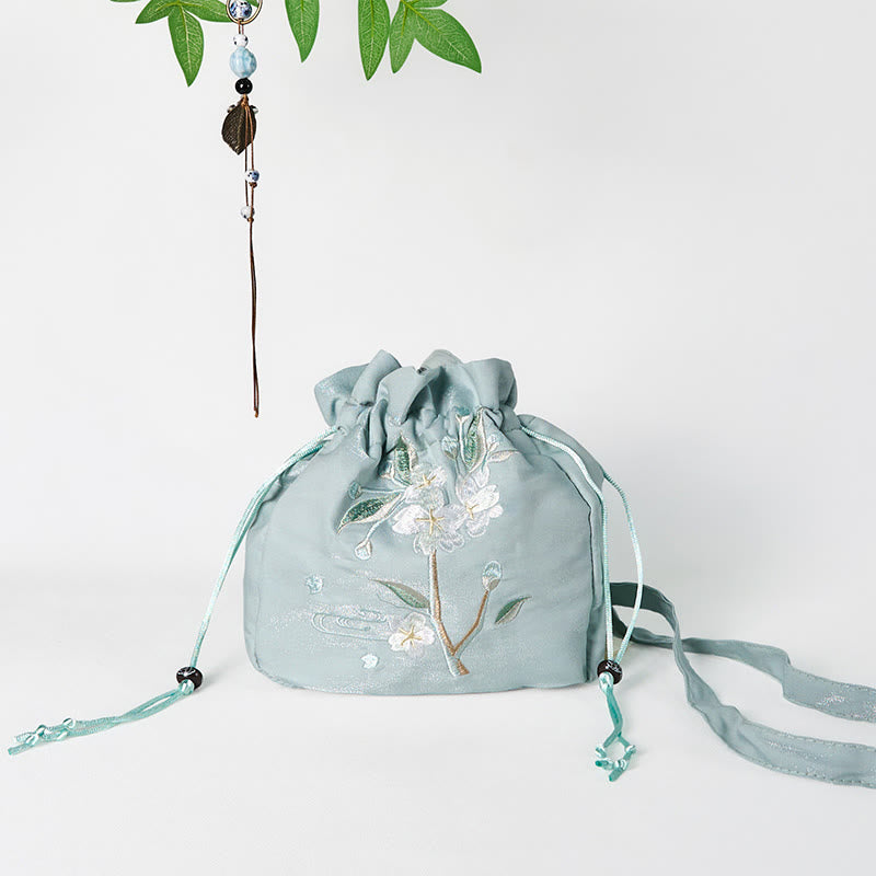 Sac fourre-tout en toile brodée de fleurs vertes 20 x 20 cm