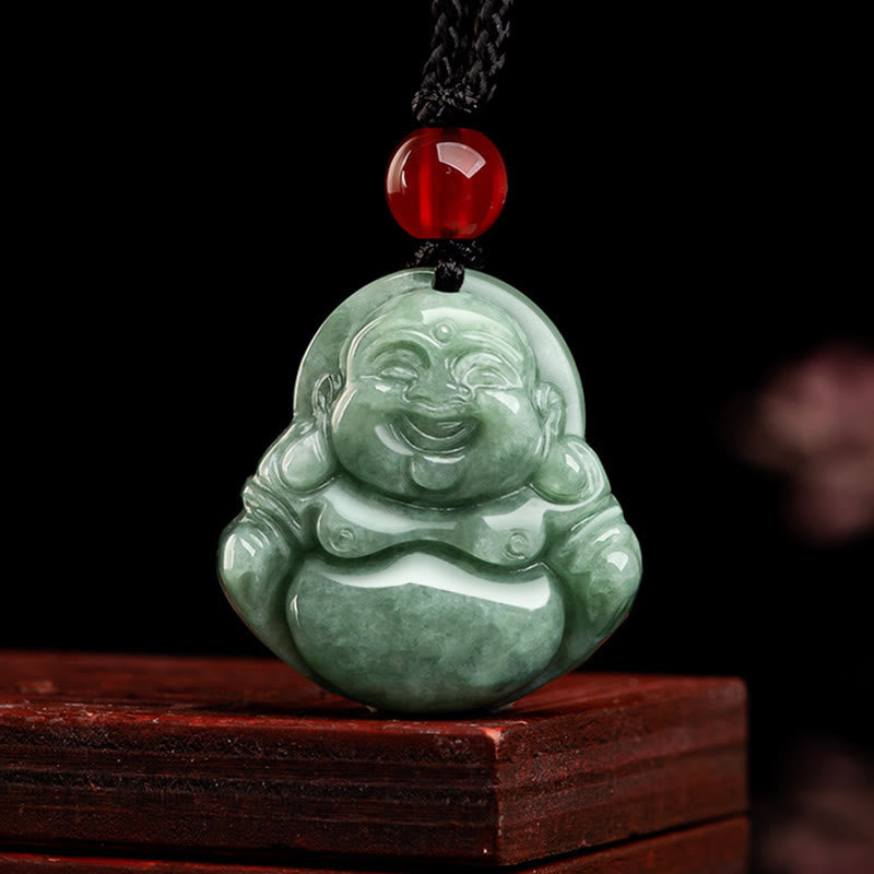 Collier Bouddha rieur en jade vert pour la chance et l'abondance