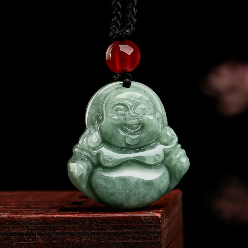 Collier Bouddha rieur en jade vert pour la chance et l'abondance