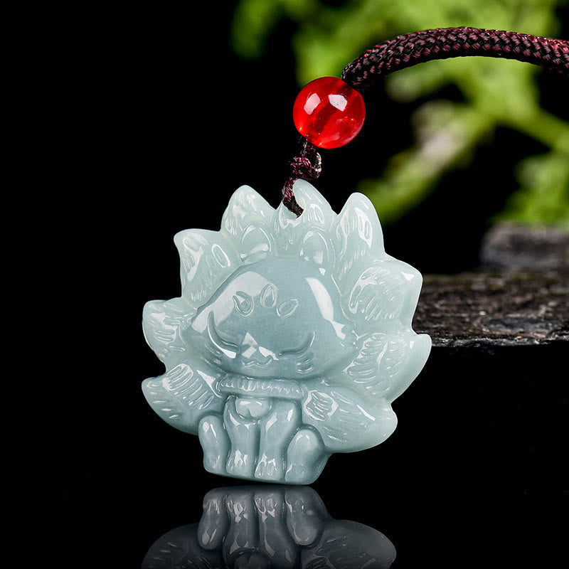 Collier renard à neuf queues en jade vert - Symbole de prospérité