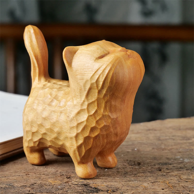 Chat en bois de santal vert 9,5 cm Décoration zen pour la protection et le calme