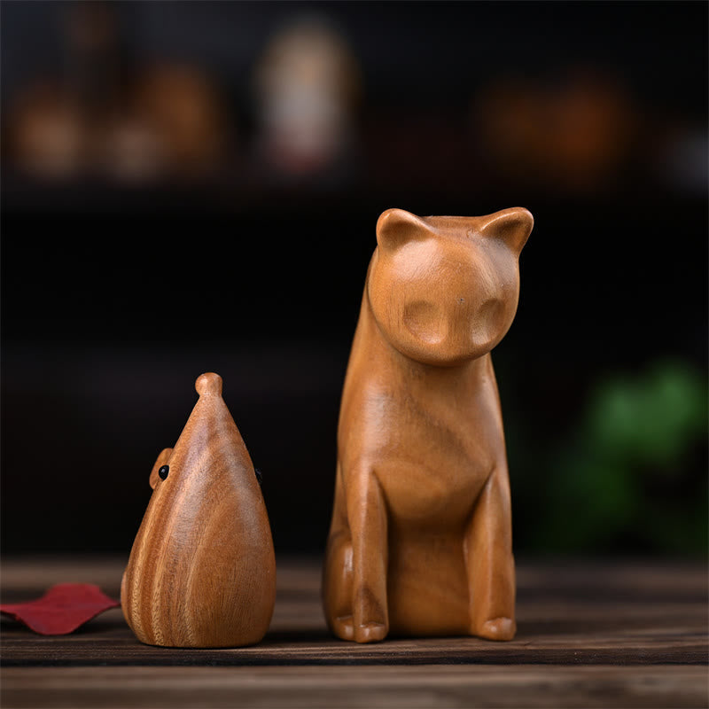 Figurines chat et souris en bois de santal vert | Décoration animalière spirituelle