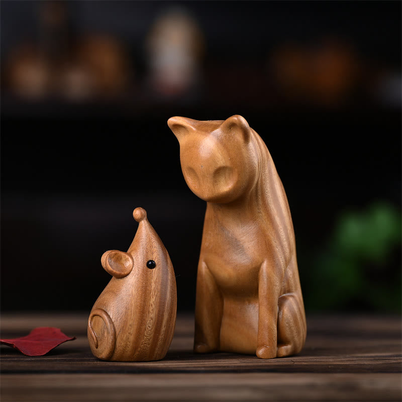 Figurines chat et souris en bois de santal vert | Décoration animalière spirituelle