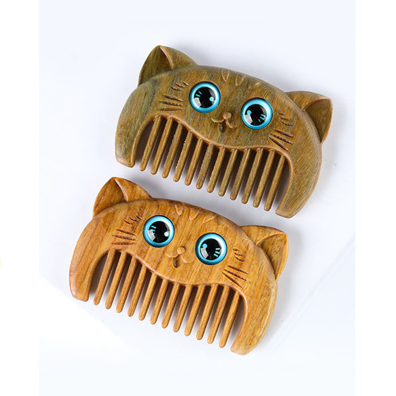 Peigne de guérison en bois de santal vert avec motif de chat pour une énergie positive