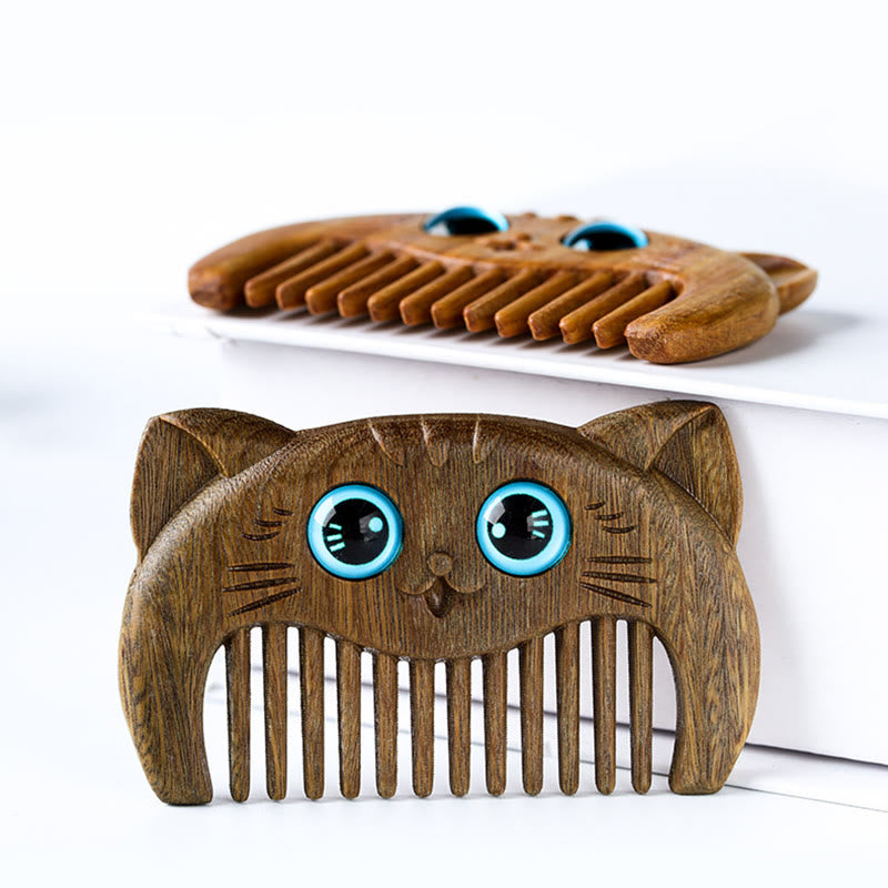 Peigne de guérison en bois de santal vert avec motif de chat pour une énergie positive