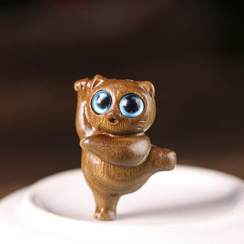 Figurine de chat dansant en bois de santal vert 3,7 cm Énergie positive