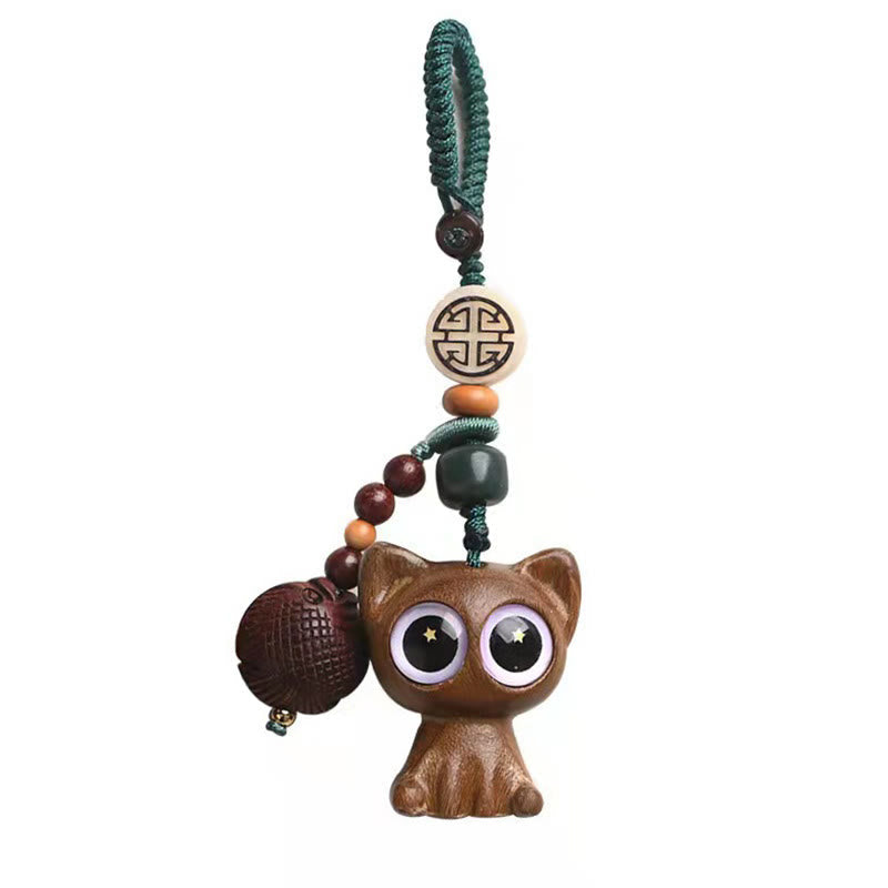 Porte-clés décoratif en forme de chat porte-bonheur en bois de santal vert