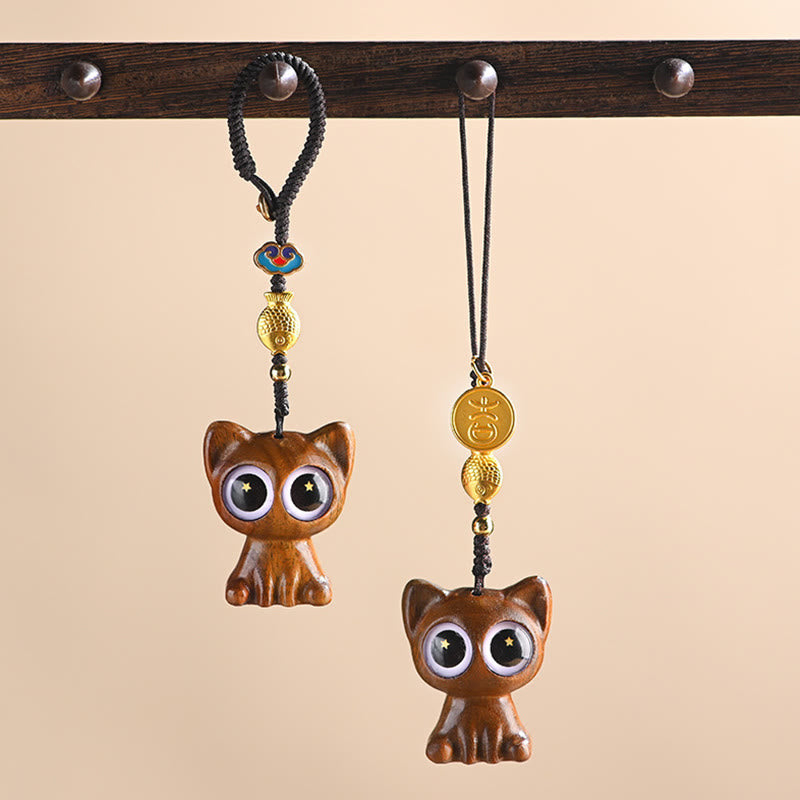 Porte-clés décoratif en forme de chat porte-bonheur en bois de santal vert