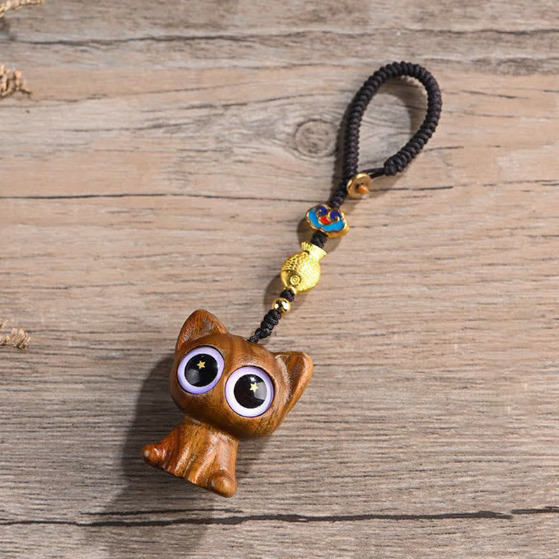 Porte-clés décoratif en forme de chat porte-bonheur en bois de santal vert