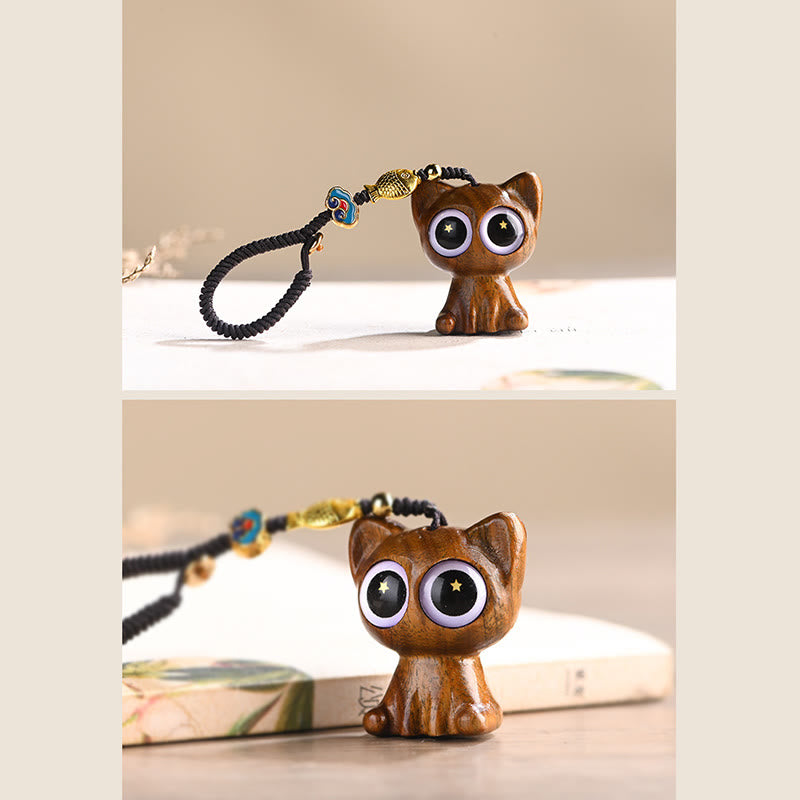 Porte-clés décoratif en forme de chat porte-bonheur en bois de santal vert