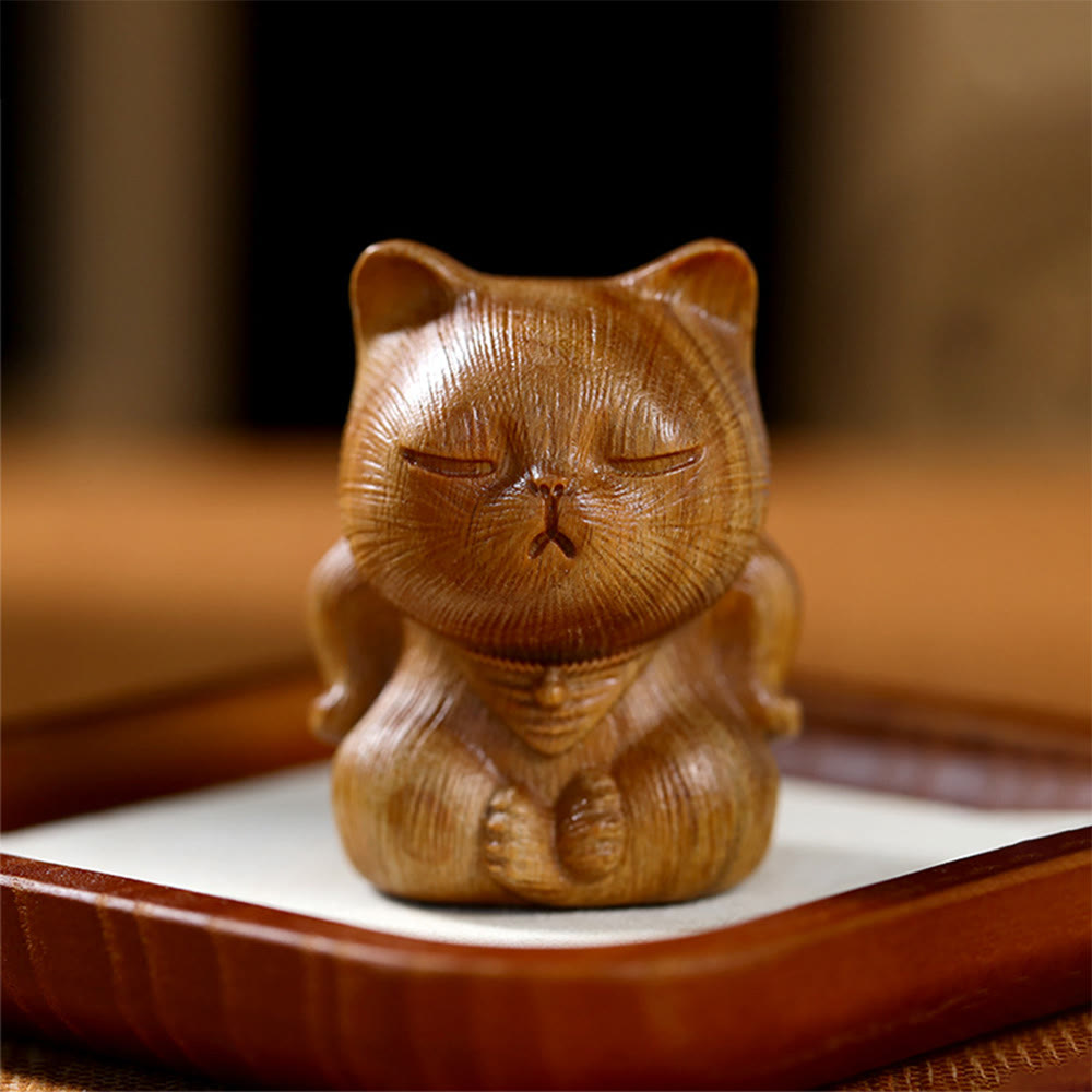 Mini décoration chat porte-bonheur en bois de santal vert 5 cm