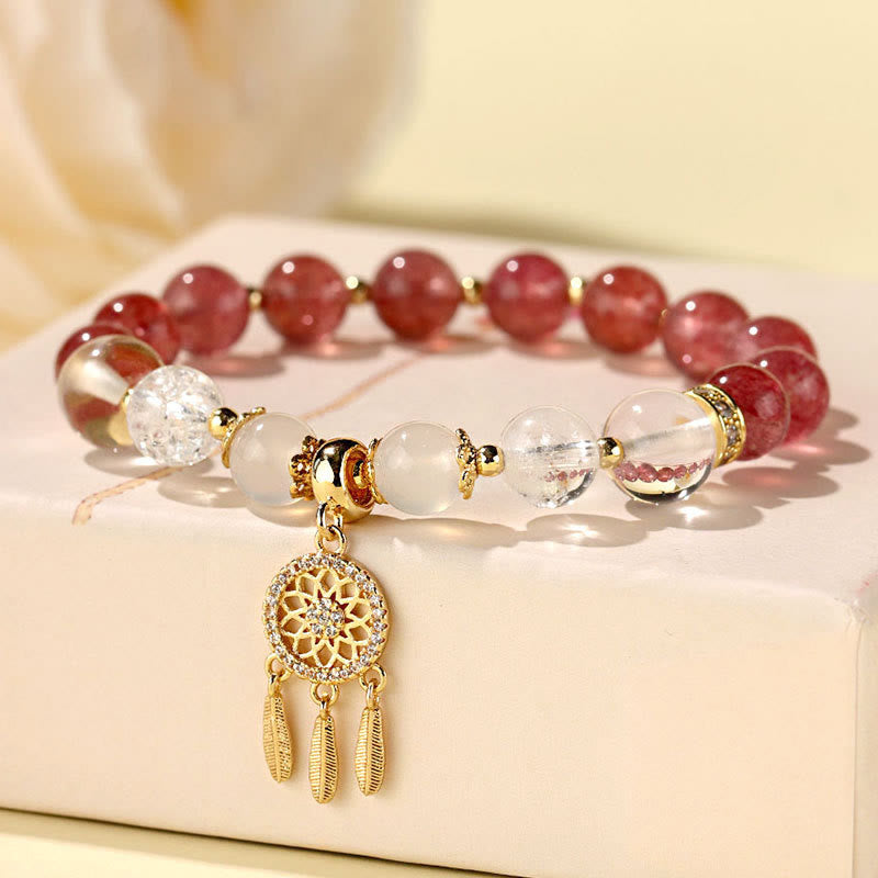 Bracelet de guérison attrape-rêves en quartz fraise vert et améthyste