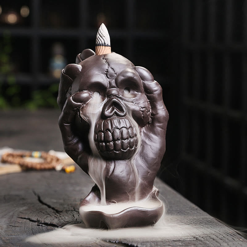Brûleur d'encens spirituel en argile violette en forme de crâne d'Halloween
