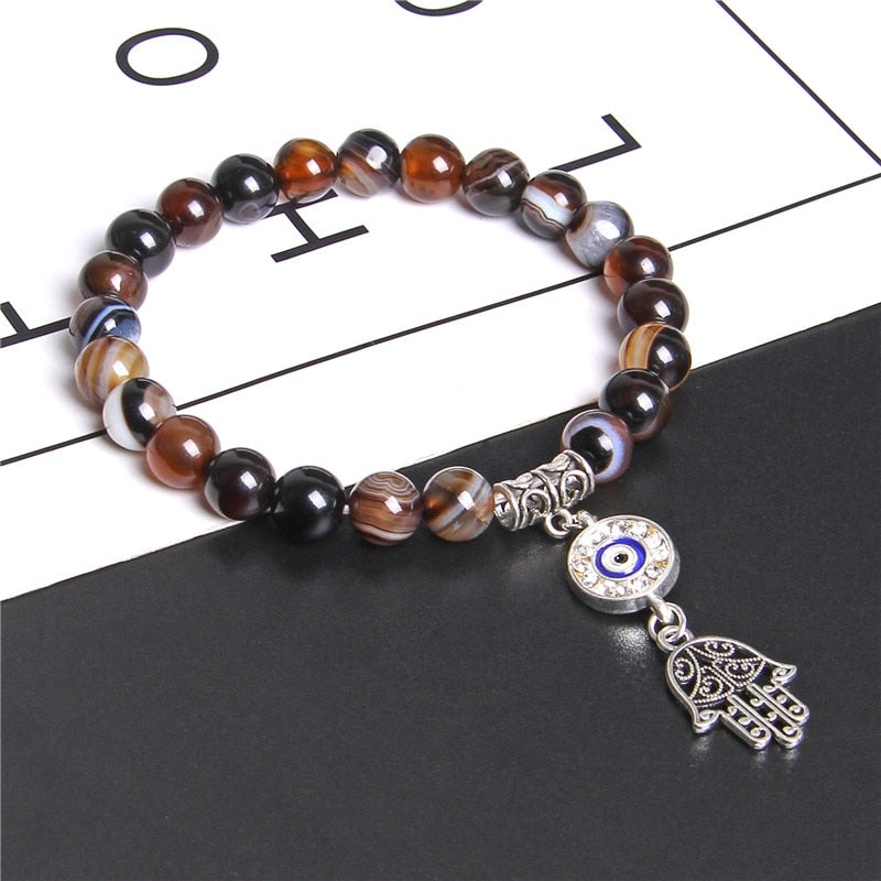 Bracelet Hamsa avec pierres précieuses d'agate et de pierre de soleil