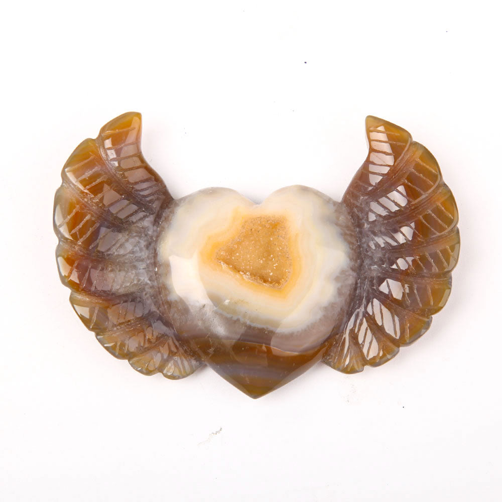 Hand Carved Druzy Agate Heart with Wings Crystal Figurine 4.2 Inch