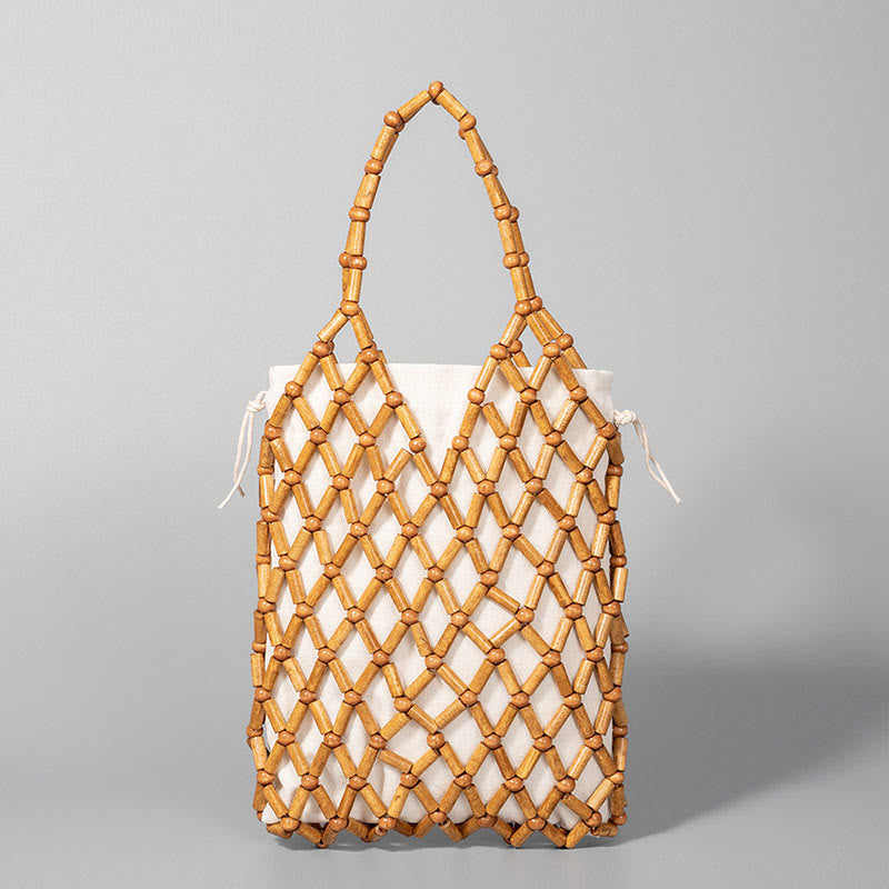 Sac en maille tissée à la main avec perles creuses en bois | Bijoux spirituels