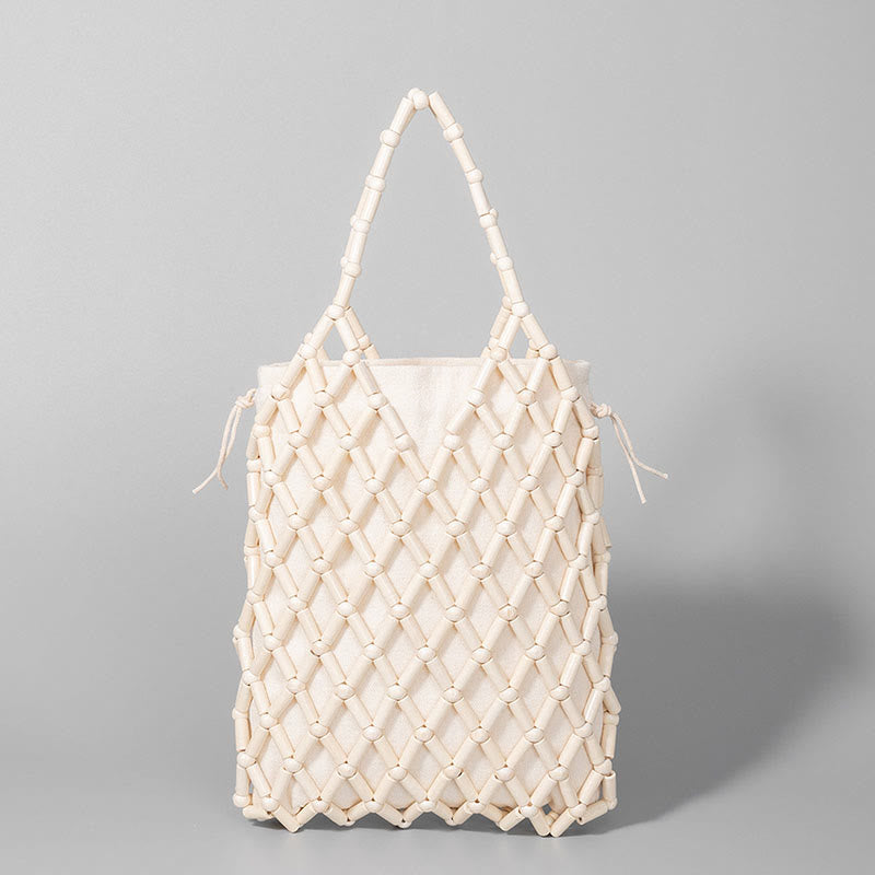 Sac en maille tissée à la main avec perles creuses en bois | Bijoux spirituels
