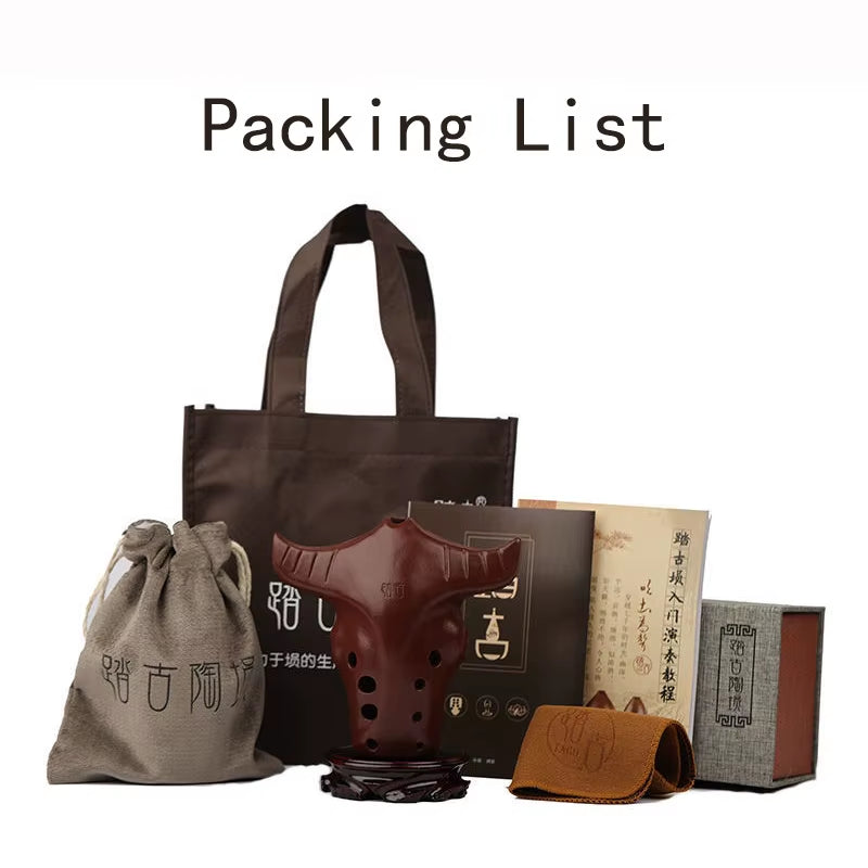 Chinese tea accessories and packaging alongside a brown tote bag with a Xun instrument