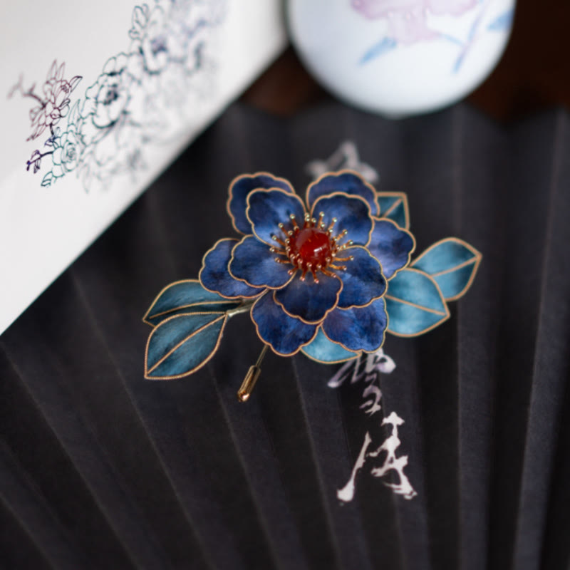 Broche fleurs bleues faite main en soie de mûrier | Bijoux spirituels
