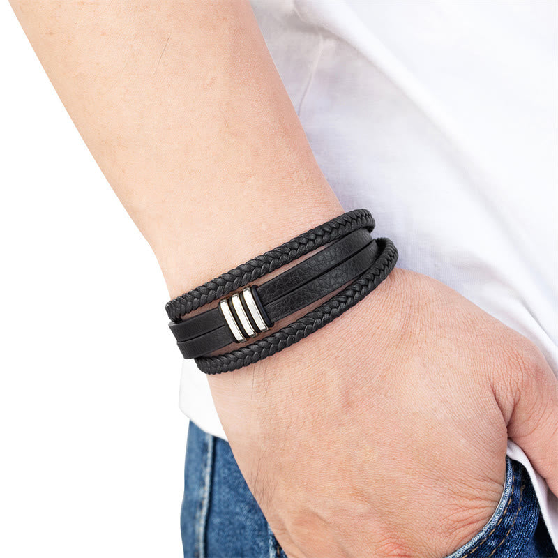 Bracelet spirituel en cuir tressé fait main avec boucle en acier titane